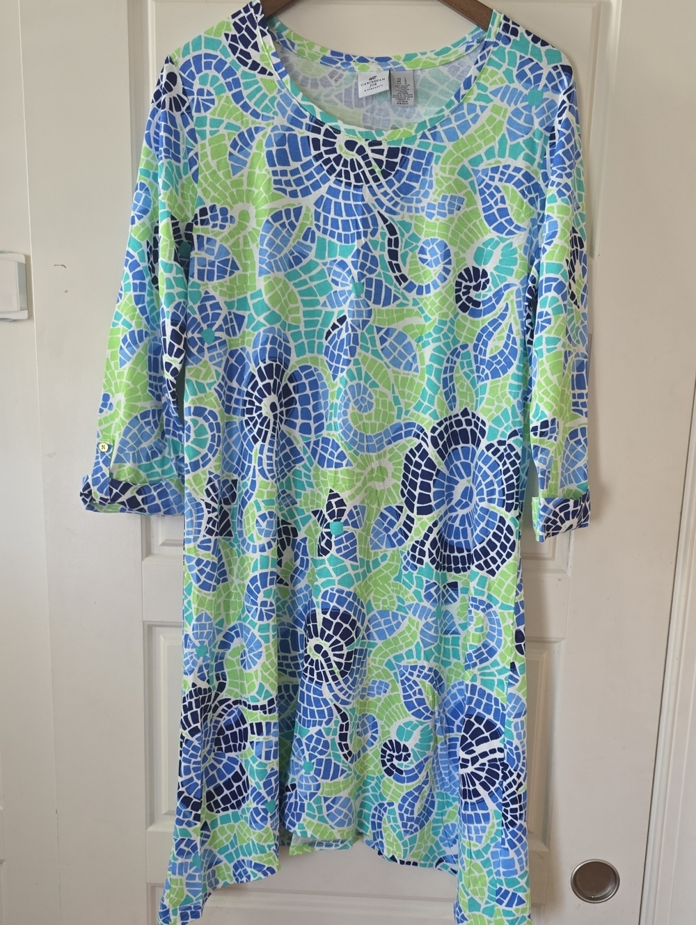 Caribbean Joe Blue & Green Mosaic Floral Top